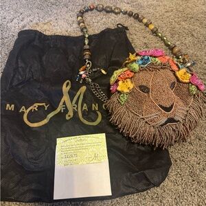 Mary Frances Brown Beaded Lion Face Shoulder Bag with Multicolor Floral Accents